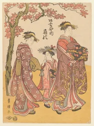 Die Kurtisane Ogino vom Ogiya Teehaus mit zwei Begleitern, ca. 1790-95